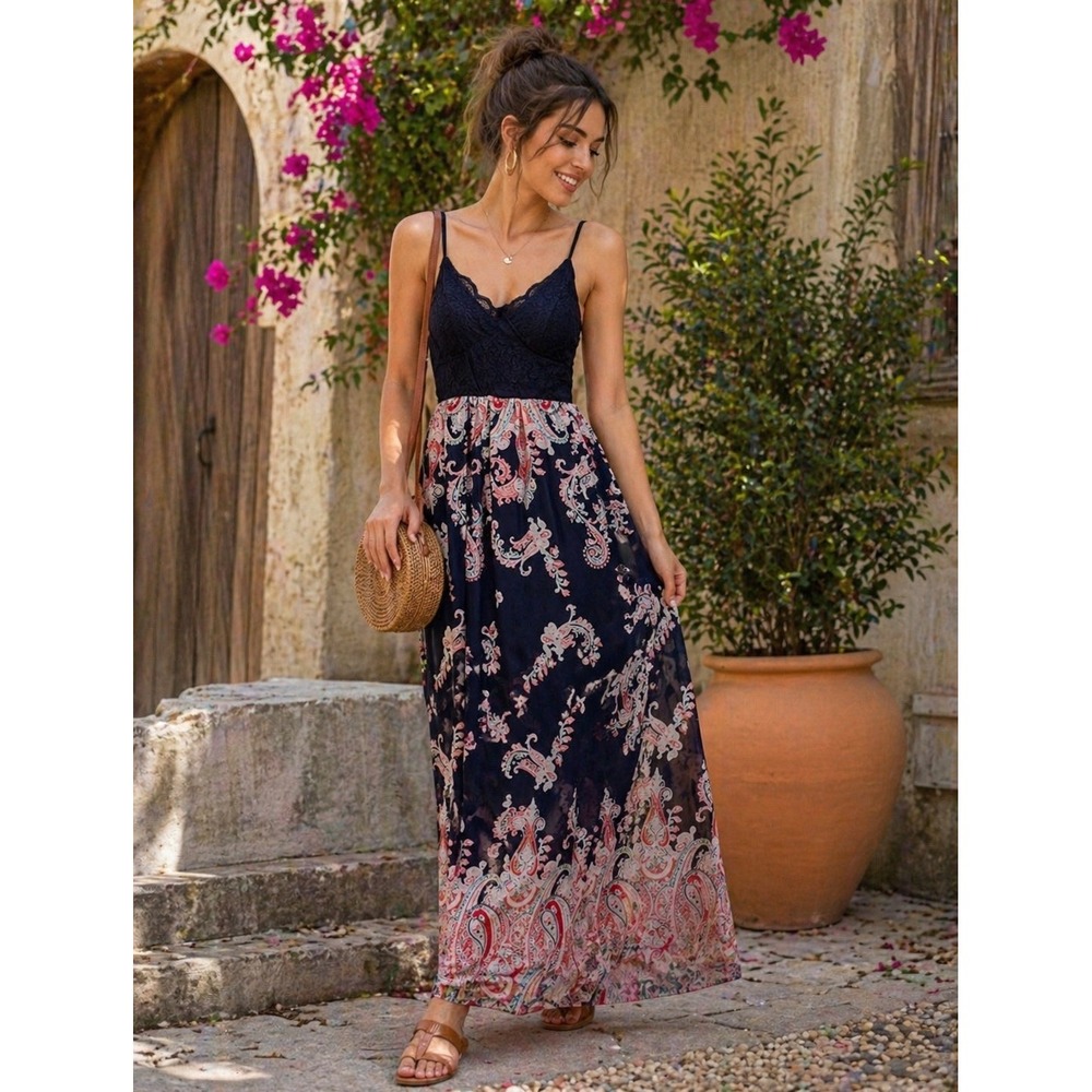 Trixxi Navy Lace Bodice Paisley Print Maxi Dress Medium Boho Back Cutout EUC